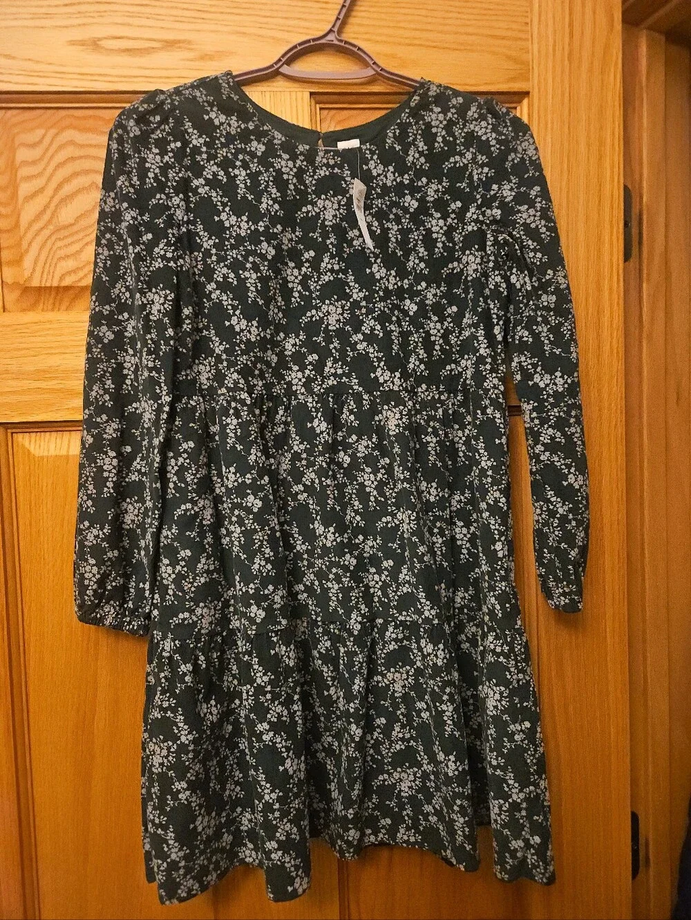 GAP Green Floral Long-Sleeve Casual Dress; Fall; Corduroy Feel But 100% Cotton